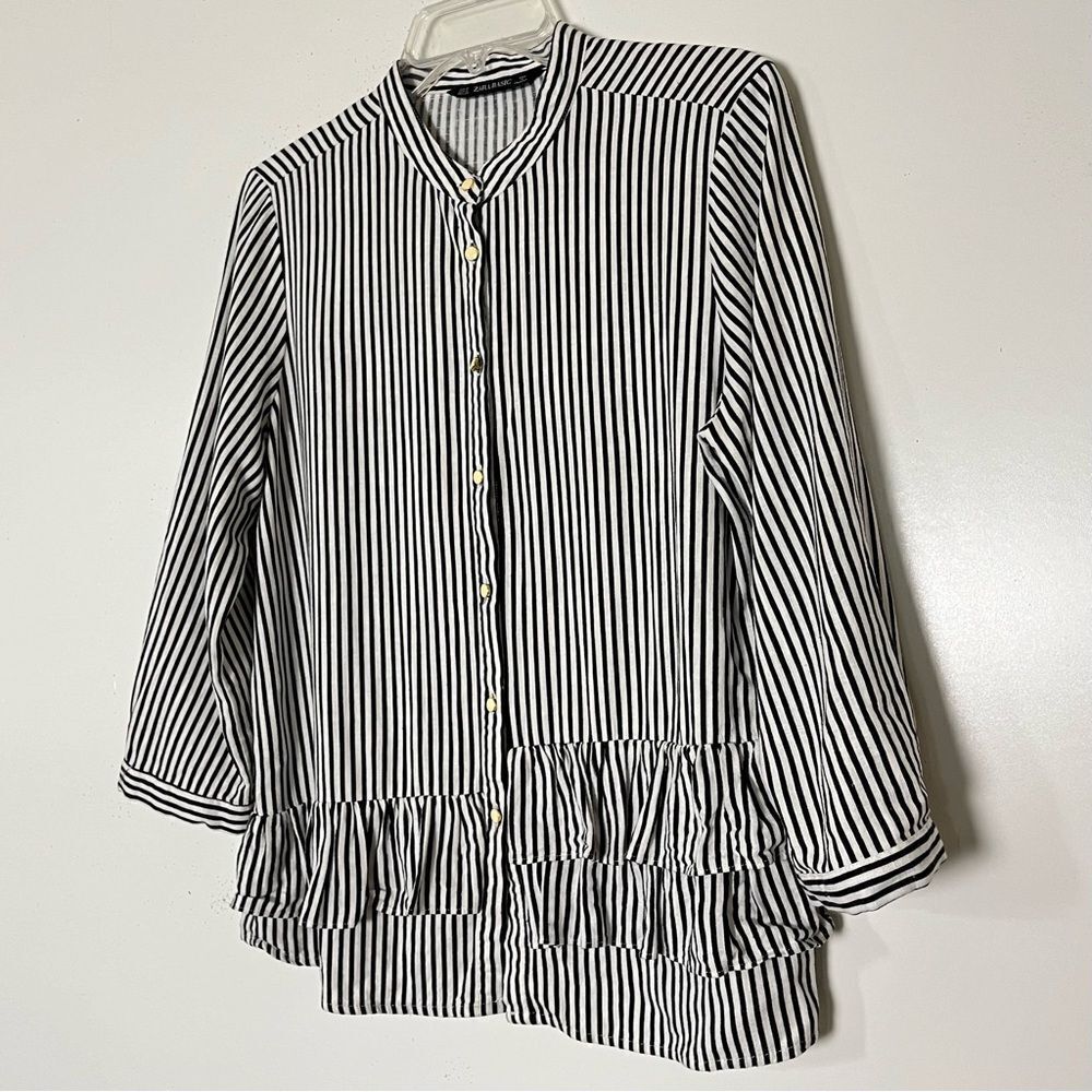 Zara Basic Vertical Striped Top Standing Collar T… - image 4